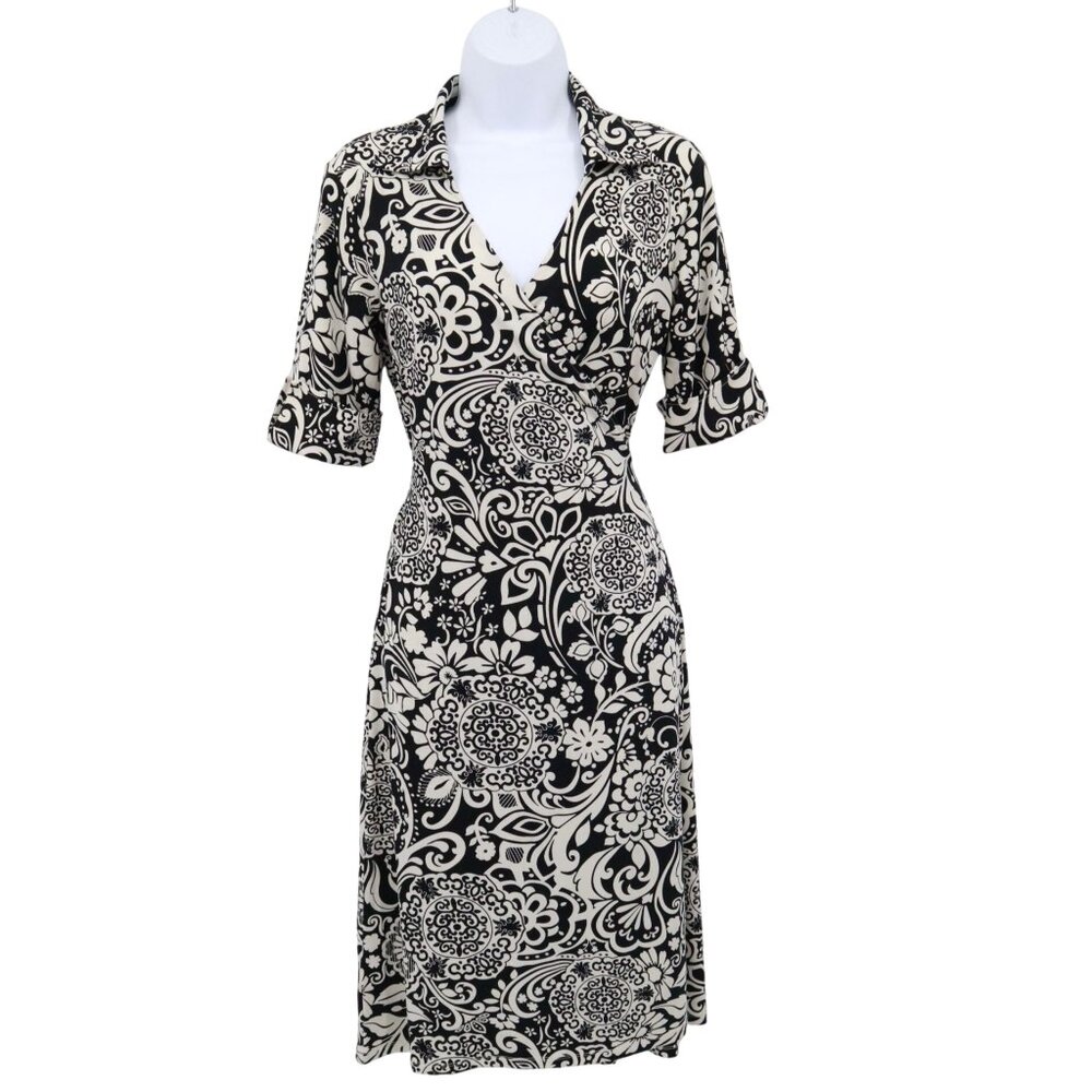 Ann Taylor Floral‎ Wrap Shirt Dress Womens 2 Black Whimsical Classic Office Wear
